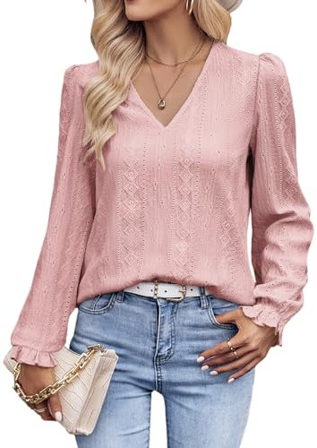 Tanmolo Long Sleeve Women's Blouse Elegant Long Sleeve Pullover V-Neck Tunic Casual Tops Puff Sleeves Blouse Shirt Basic Tops, Dusky Pink-011, M