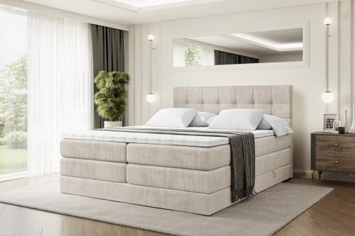 ALTDECOR Boxspringbett mit Matratze und Lattenrost, Topper, Polsterbett mit Bettkasten, Bett mit Stauraum H3- und H4- Matratze, Doppelbett, Springboxbett BERO King 180x200 - Beige Samt