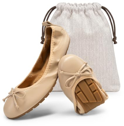 DREAM PAIRS Women's Flats, Foldable Ballet Flats for Women, Bowknot Round Toe Comfort Light Weight Slip-On Dress Shoes Nude Size 7.5 SDFA2409W