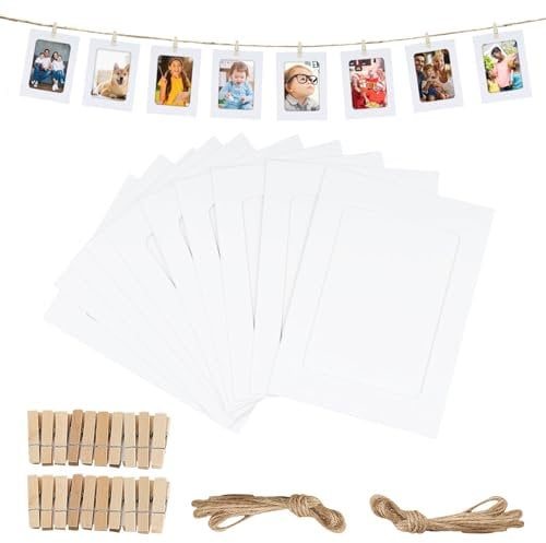 RAFIYU 20 Stück Papier Fotorahmen DIY Kreative Kraftpapier Bildermatten Hängen Album Rahmen mit 20 Holzklammern und Schnur (weiße)