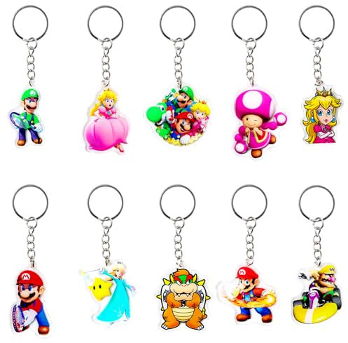 10 Pièces Enfants Porte-clés, Mini Ma-Rio Porte-clés, Porte-clés pour Les Fêtes d'anniversaire, Cadeaux de Porte-clés en Carton pour Enfants