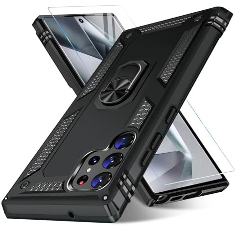 Handyhülle für Samsung Galaxy S24 Ultra Hülle mit Schutzfolie, Schutzhülle Galaxy S24 Ultra 5G mit Metall Ring Ständer Stoßfest Bumper für Samsung S24 Ultra Case Cover (Schwarz, Samsung S24 Ultra)