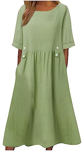 Women's UK Clearance Summer Cotton Linen Midi Dress - Short Sleeve With Pockets, Baggy Casual Pleated, Plain Oversized, Solid Holiday Party Beach Elegant Shift Sundress