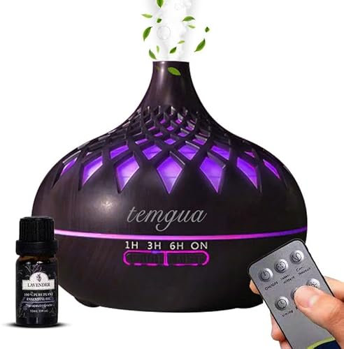 Temgua 500ml Essential Oil Diffuser, Ultrasonic diffusers for home with 1pure lavender oil, 4Timer, Waterless Auto-Off, Aromatherapy humidifier with 7LED lights (Dark wood)