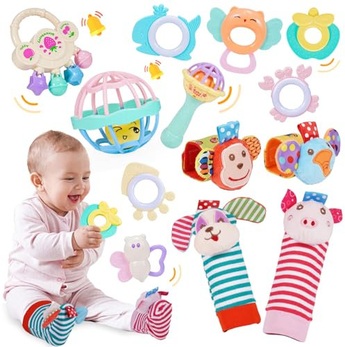 Wootoyz Baby Spielzeug 0-12 Monate, 14 Pcs Rasseln Beißring Set Babies Spielzeug ab 0 3 6 9 Monate Baby Geschenk Junge Mädchen Montessori Spielzeug ab 0-12 Monate Neugeborenen Geschenk Geburt