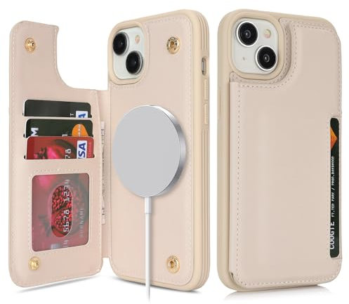 SailorTech for iPhone 14 Plus Case with Credit Card Holder Magsafe, iPhone 14 Plus Phone Leather Case for Women Compatible mag safe Card Slots Durable ShockPlusof Wallet Case - Beige