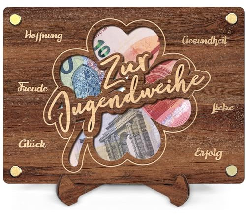 QHHENTOO Zur Jugendweihe Geldgeschenk - Geld Geschenke aus Holz inkl. Ständer zum Geburtstag Hochzeit Reise Geldgeschenke Verpackung Mit Grußkarten
