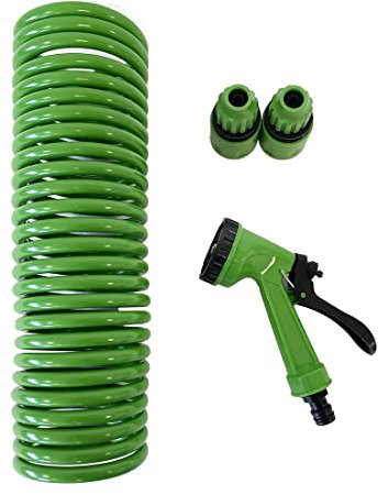 Acomoda Textil – Manguera de Riego Extensible con Pistola de 7 Funciones para Jardín, Terraza y Patio. Manguera de Alta Resistencia con Modos de Riego y Conector Universal. (Espiral, 10 Metros)