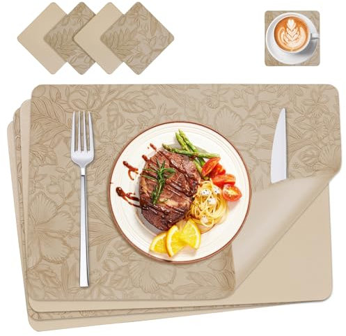 FJNATINH Tischsets, Platzsets Abwaschbar, Tischset Blumen rutschfest Platzdeckchen, Abwischbar Doppelseitigen Platzset 4 Set, mit Untersetzer, 43x30cm, für Küche, Esszimmer(braun)
