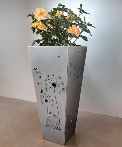 Terma Stahldesing Edelstahl Blumenkübel XXL Pusteblume Blumensäule 75 cm Pflanzschale Gartendeko Vintage Deko Pflanzsäule mit Schale Gartendeko Rost
