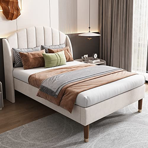 Jovify 3ft Single Bed Frame Upholstered Platform Bed with Headboard/Velvet Fabric/Sturdy Wooden Slat Support/No Box Spring Needed, 3ft Single Bed Youth Bed, Beige, 190 x 90 cm