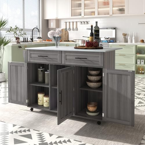 BRILVERDE Isla de cocina independiente, aparador con ruedas, mueble de cocina con encimera plegable, carrito de cocina con armarios de almacenamiento y 2 cajones, 129 x 46 (71) x 91,5 cm (blanco+gris