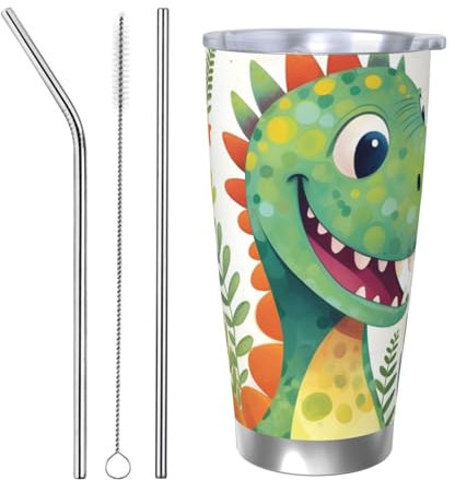 Mexpekil Insulated Travel Mug Iced Coffee Cup Travel Mug Stainless Steel Smoothie Cup Car Coffee Mug Green Dinosaur Tumbler with Straw and Lid, 590ml