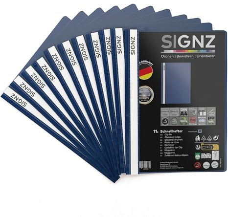 SIGNZ Schnellhefter DIN A4, stabil, 11 Stück, blau, transparenter Deckel, CO2-neutral hergestellt, aus recycelbarem Kunststoff (PP), FSC Mix 70%, made in Germany