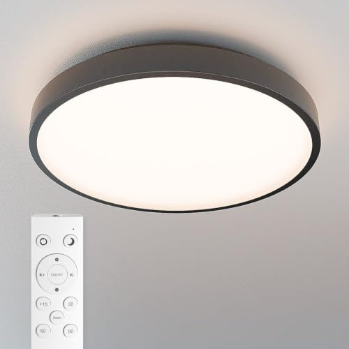 HOFTRONIC - LED Deckenlampe Badezimmer Schwarz 35 cm - Ultra Flach - 24 Watt Dimmbar mit Fernbedienung - CCT 3000K, 4000K, 6500K - IP44 Wasserdicht - Deckenleuchte Plafonniere