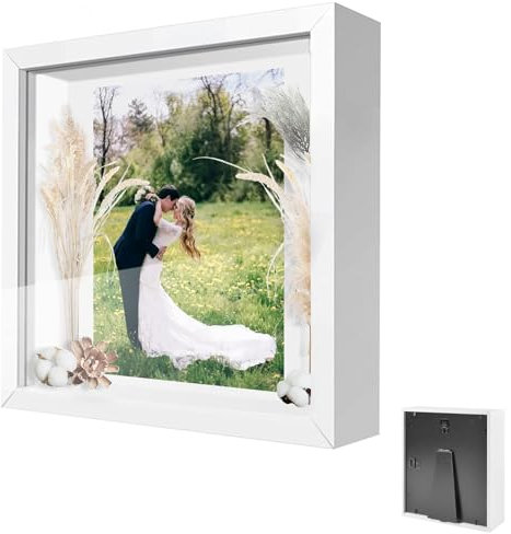 Cadre Photo 3D, Cadre Photo Profond à Remplir 25 x 25 cm, avec Plaque Acrylique Transparente, Cadre Objet 3D Profond 3cm, pour Cadeau de Mariage, Blanc