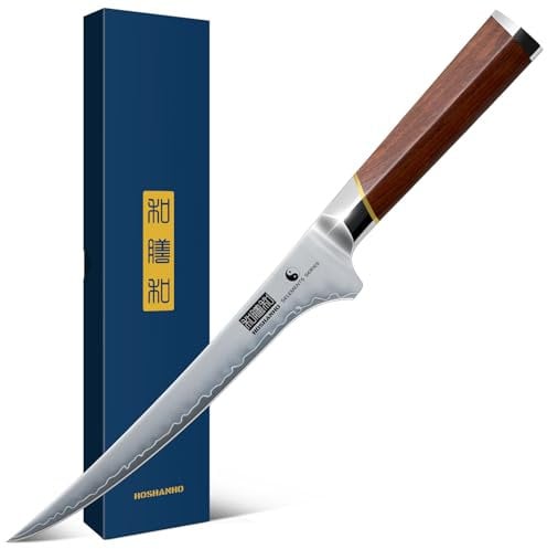 HOSHANHO Fillet Knife 7 Inch, Professional Japanese Super Steel Boning Knife for Meat Chicken Cutting, Japanese Fish Fillet Knives with Ergonomic Red Sandal Wooden Handle