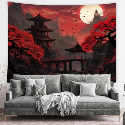 Riyidecor Japanischer Anime-Wandteppich, 150 x 130 cm (B x H), asiatische chinesische Kirschblüte, Bergwald, Baum, Naturlandschaft, Aquarell, Wandbehang, ästhetische Wohnheim-Dekoration, Kunst