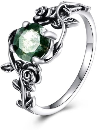 POPLYKE Natürlicher Moos Achat Ring 925 Sterling Silber Blume Ring Grüner Moos Achat Versprechen Ring Schmuck für Damen Größe 7