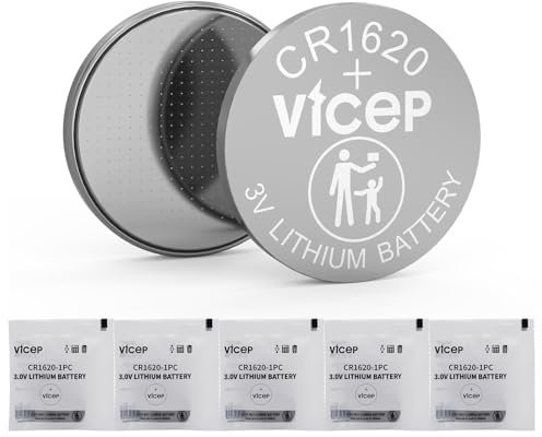 ViCep 5-Pack CR1620 Lithium Battery 3V Coin Cell Compatible with Car Key Fob, Watches, Remote Control, Calculator & More, Individual Wrapped