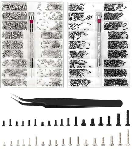 HAFRILY Lot de 1000 petites vis M1.2 M1.4 M2 avec tournevis, pincette, vis pour branches de lunettes, horlogers, souris, ordinateur portable (M+O)