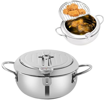 Fesatccoz Deep Fryer Pot, Fry Pot with Oil Draining Rack, Stainless Steel Deep Frying Pan with Thermometer Control for Kitchen Outdoor Picnic