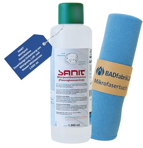 BADfabrik24 SANIT Whirlpool Desinfektion 1000 ml Flasche Art.-Nr. 3171 + Mikrofasertuch,pH-neutral & wirksam gegen Bakterien, Algen & Viren,für Whirlpools & Whirlwannen,Made in Germany