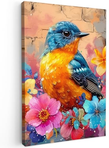 MuchoWow© Bild auf Leinwand Groß XXL Schlafzimmer Bilder Badezimmer Wand | 80x120 cm - Deko Wohnzimmer Modern Wanddeko Bilderwand Geschenk Graffiti - Vogel - Blumen - Straßenkunst