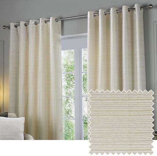 Paoletti Jupiter Room Darkening Eyelet Curtain Pair – Elegant Jacquard Chenille Lined Ring Top Drapes (Ivory/Gold - 168x137cm)