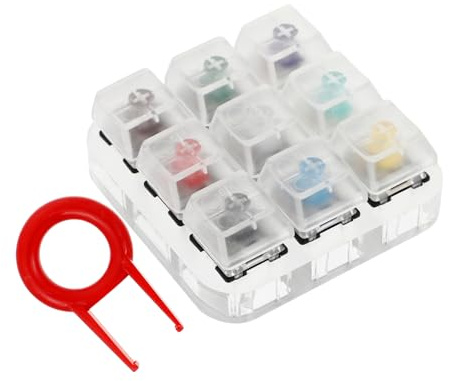 SHINEOFI Tester per Tastiere Meccaniche 9 Tasti in Acrilico Abs | Base Trasparente, Copertura Assi G e Viola, Strumento di Test per Componenti Elettronici, Accessorio Leggero