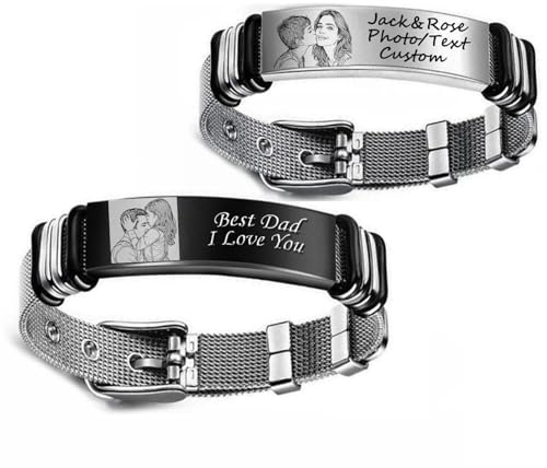 Hsumonre Kundenspezifisches Bildarmband Personalisierte Foto-Paar-Armbänder für Sie und ihn-Skizze Text Gravierbare ID Gliederkette Zirkonia Armband Anpassen für Männer Frauen (Mehrfarbig-11MM-1PC)