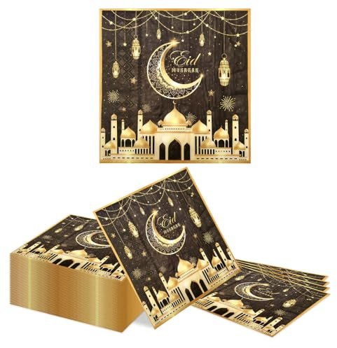 Kotkiddy 40 Pack Schwarz Gold Eid Design Ramadan Mubarak Thema Papierservietten Zwei Lagen Eid Mubarak Fest Zubehör Einweg Papierservietten Muslimische Küche Zubehör