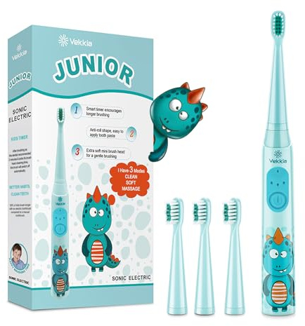 Vekkia Kids Rechargeable Electric Toothbrush for Ages 5-12, 4 Brush Heads | Electric Toothbrush Kids with Timer, 3 Modes, IPX7 Waterproof, 28000VPM Powerful & Gentle for Children‘s Teeth, Blue