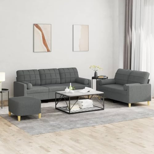 ROMHZKS Sofa Garnitur 3-TLG Grau mit Zylinderkissen und Hocker, Strapazierfähiger Stoff Bezug, Robustes Metall Gestell, Bequem Sitzgruppe für Wohnzimmer, Esszimmer, Schlafzimmer
