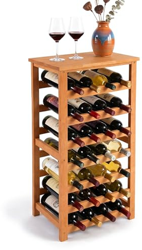 Relaxdays Weinregal, 28 Flaschen, Walnussholz, HBT 94 x 47 x 26 cm, Weinhalter für Rot- & Weißwein, Flaschenregal, Natur