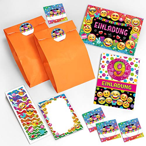 JuNa-Experten 12 Einladungskarten 9. Geburtstag Mädchen Einladung neunte Kindergeburtstag Einladungen zum Geburtstag incl. 12 Umschläge, 12 Tüten/orange, 12 Aufkleber, 12 Lesezeichen, 12 Notizblöcke