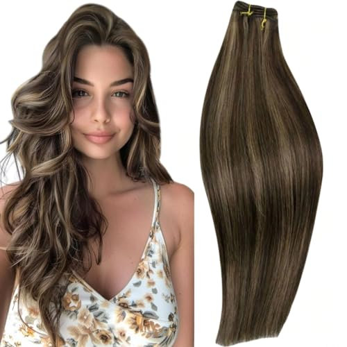 RUNATURE Echthaar Tressen Weft Extensions Echthaar Dunkelbraun mit Aschbraun Sew in Weave Human Hair Bundles Extensions Tressen 45cm 18 Zoll #2P8A 100g