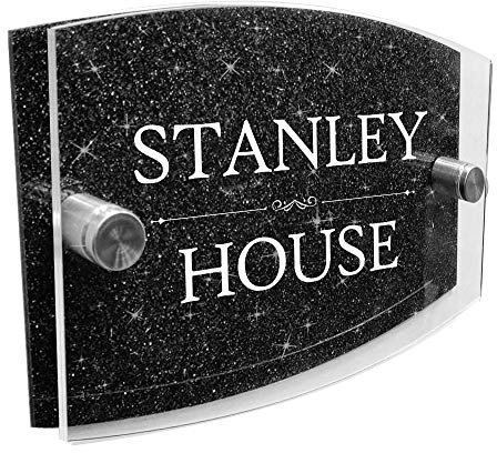 Modern House Sign Plaque Door Number | Personalised Glass Effect Acrylic Glitter Sign | Personalised House Number Hand Finished in UK (Black, Design A)
