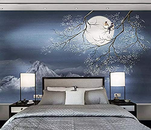 3D Wallpaper Murals Chinese Bird Blue Moon Photo Wall Murals 3D Mural Wallpaper Effect Decoration Wallpaper Living Room for Bedroom Rose Gold Retro-150cm×105cm