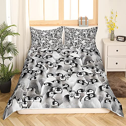 Loussiesd Pinguin Bettwäsche Set Kinder Niedlich Polar Tier Bettwäsche 135x200cm für Jungen Mädchen 3D Pinguine Muster Bettbezug Atmungsaktiv Schwarz Weiß Lustige Tierwelt Zimmer Dekor Bettbezug