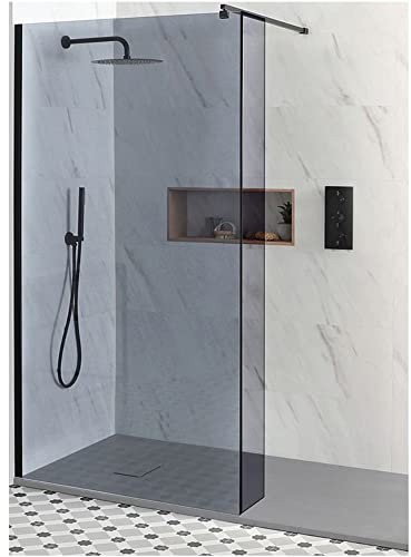 Milano Nero-Luna - Black Recessed Frameless Wet Room Shower Enclosure with Smoked Glass Screen, Hinged Return Panel and Light Grey Slate Effect Tray - 1700mm x 900mm