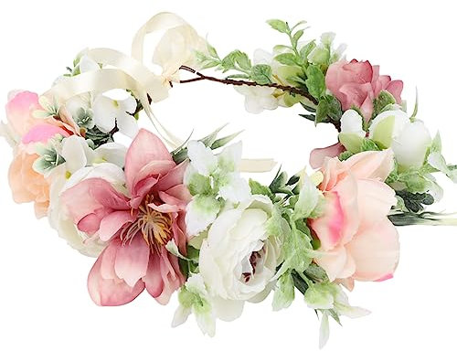 HuaLiSiJi Blumenkranz Haare Rosa, Haarkranz Boho Blumenkranz Rose Floral, Schön Gearbeitet der Blumenkrone, Individuell Einstellbar Durch Ein Band (Weiß-1)