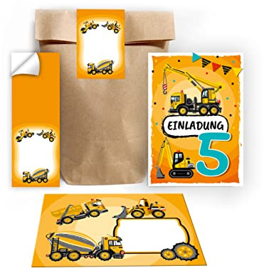 Junapack 12 Einladungskarten zum 5. Kindergeburtstag fünfte Geburtstag Jungen Baustelle incl. 12 Umschläge, 12 Tüten/Natur, 12 Aufkleber