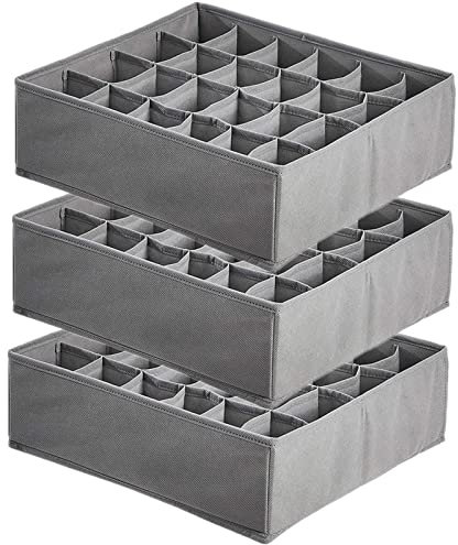 TLOXO Cassetto Organizer per Calzini,3 Confezioni,24 scompartimenti, organizzatori per Biancheria Intima, scatole per riporre Calzini, Reggiseni (Grigio chiaro)