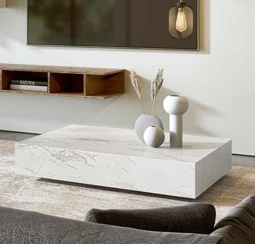 Klaar Design Tavolino Ret, tavolino da salotto, tavolino basso, tavolino da divano cm.90x60x h.18 (Marmo Bianco Calacatta)