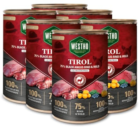WESTHO Nassfutter Tirol (6 x 400 g) | 75% Black Angus Rind & Wild | Getreidefrei | Reich an Antioxidantien | Hohe biologische Wertigkeit | Premium Hundenassfutter mit extra viel Fleisch