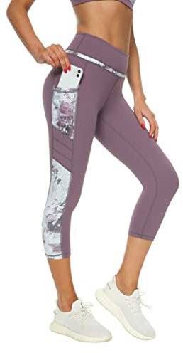Buepeara Sport Leggings Damen Sporthose mit Taschen, High Waist Tights Laufhose Fitnesshose Für Sport & Alltag -Y2173 3/4 (Violett)/M