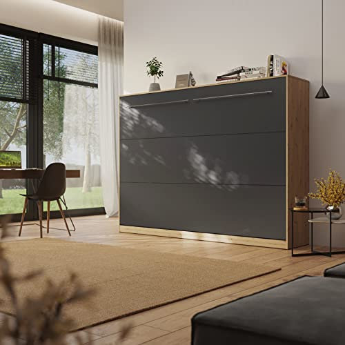 Schrankbett Standard 140x200 Horizontal Wildeiche/Anthrazit ausklappbares Wandbett, ideal geeignet als Wandklappbett fürs Gästezimmer, Büro, Wohnzimmer, Schlafzimmer