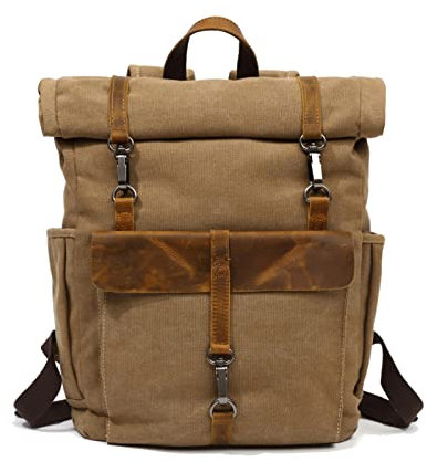 FANDARE Retro Backpack Roll-top School Bag Canvas Hiking Daypacks Unisex Knapsack Travel Rucksack fits 15.6 Inch Laptop for Women Men Work Commuter College School Leather Bookbag Khaki