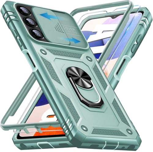 Handyhülle für Samsung Galaxy A14 5G Hülle mit Schutzfolie, Galaxy A14 5G Schutzhülle mit Kameraschutz 360° Drehbarer Metall Ring Ständer Stoßfest Bumper A14 5G 6.8 Case Cover (Grün)
